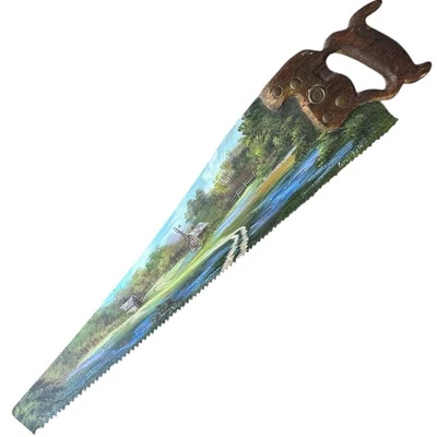 Sierra pintada a mano de arte popular de colección 29" Texas Country Farm Barn Bluebonnets firmada Foto 1 de 4