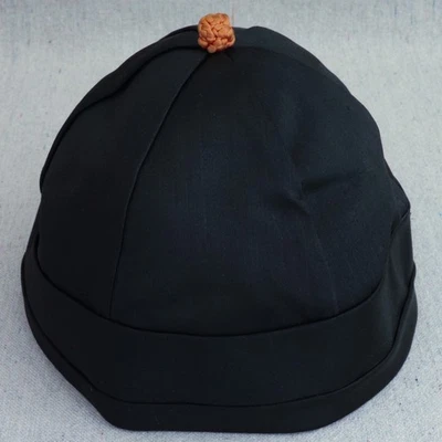 Antique Chinese Traditional Black Red Coral Silk Mens Hat Cap - Image 1 of 4