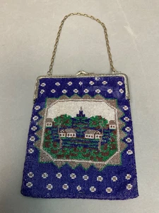 Antique Micro Beaded Purse House Scene – 1920s Art Deco Flapper Bag w/ Chain - Picture 1 of 15