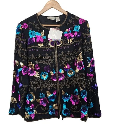 Blazer de seda vintage para mujer talla grande negro con cuentas años 90 floral glamour elegante noche Foto 1 de 4