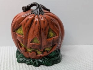 Vintage Pumpkin Napkin Holder 1985 Plaster Jack-O'-Lantern Signed Kitchy Heavy - Picture 1 of 10