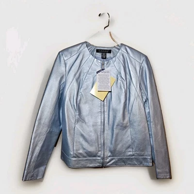 NWT DIALOGUE Light Blue Metalic Leather Jacket, Women’s Size Medium, Collarless  - Image 1 of 4