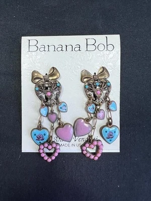 D615) VINT BANANA BOB HEART ANNIE VENDITTI EARRING BRONZE PINK BLUE 2 1/4" LONG - Image 1 of 4