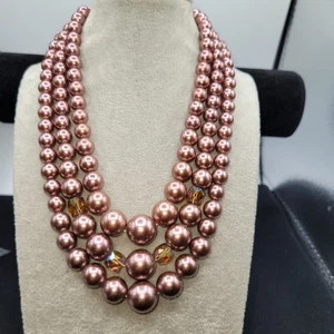 Japan* Vintage Rosetone Beads w/ab Christal 16" - Picture 1 of 8