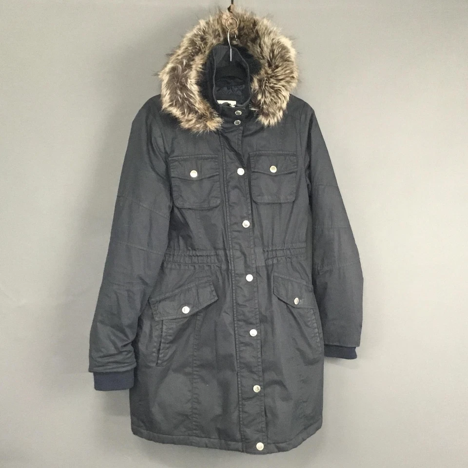 BCBGeneration Coat Womens Medium Navy Blue Parka Faux Fur Hood Quilted Lining - Imagem 1 de 4