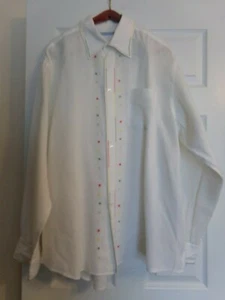 Martin Gordon White w/Multicolor Trim 100% Linen Front Pocket Long Sleeve Shirt - Picture 1 of 4
