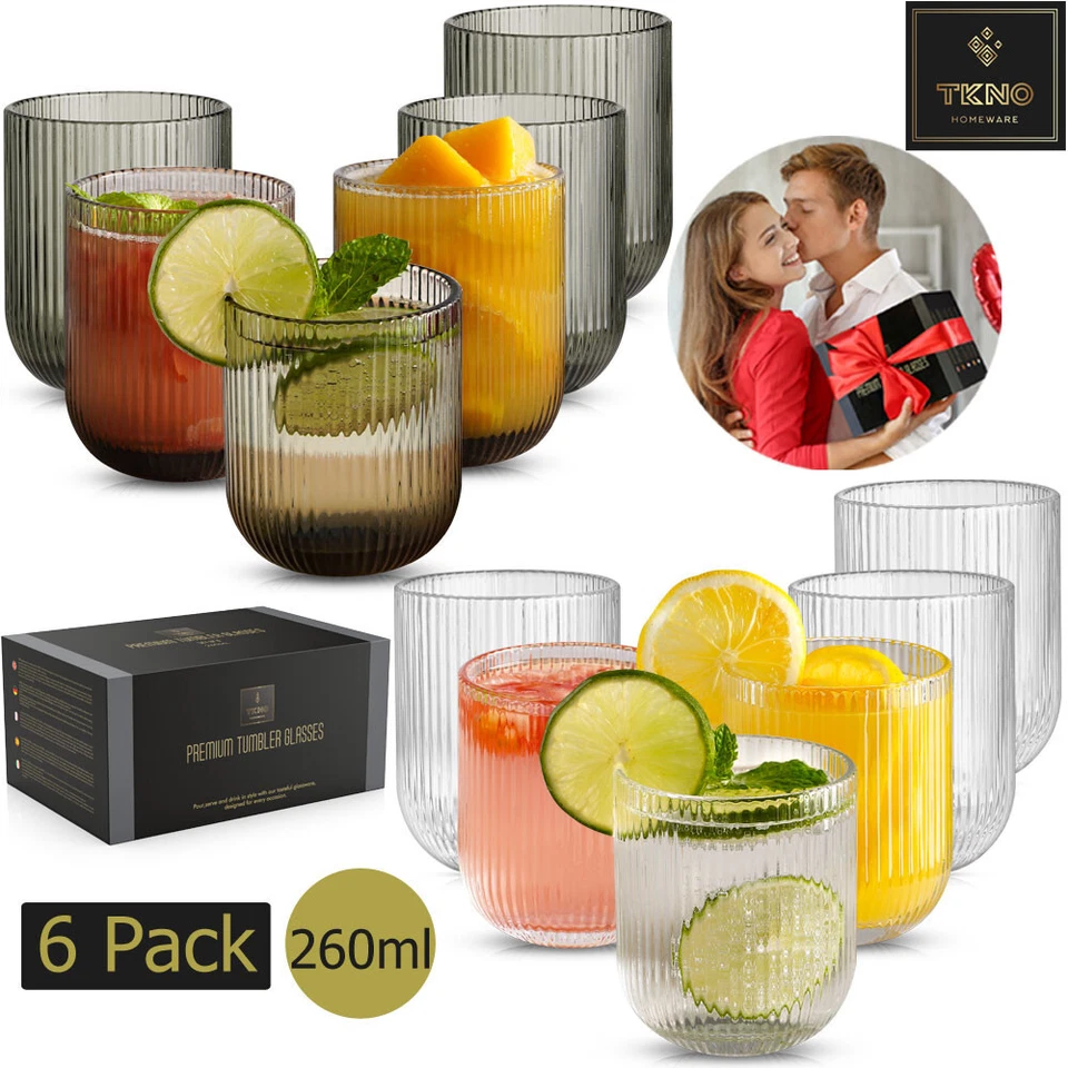 6x Water Drinking Glasses Set Short Juice Whiskey Fluted Tumbler Glassware 260ml - Image 1 of 1