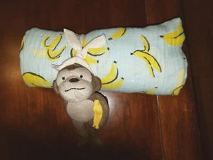 New NWT Boutique Mud Pie Aqua Banana Monkey Muslin Blanket Rattle Set 47 X 47 - Picture 1 of 4