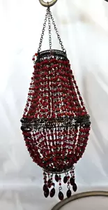 Hanging Lantern/Chandelier/Candle Holder Red Glass Beads 5" Dia. x 14" Long - Picture 1 of 3