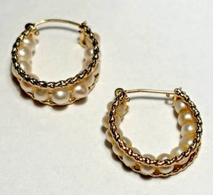 Vintage 14k Yellow Gold Strand Baroque Cultured Freshwater Pearl Hoop Earrings - Picture 1 of 6