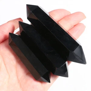 Natural Obsidian Black Quartz Crystal Stone Double Point Healing Hexagonal Wand - Picture 1 of 18