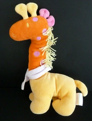 Y5. DOUDOU HOCHET COROLLE GIRAFE JAUNE ORANGE MAUVE ROSE GRELOT 24cm - TBE - Photo 1/2