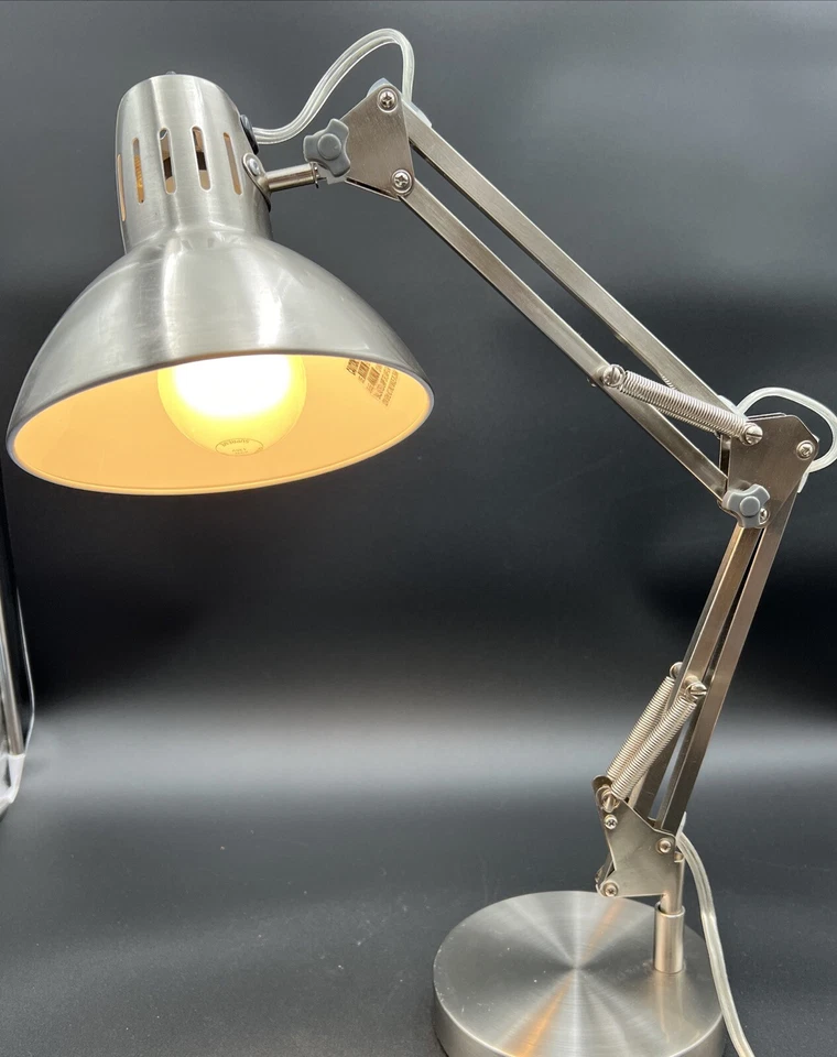 Vintage Brushed Nickel Swing Arm Desk Lamp 26” Adjustable Metal Shade Industrial - Image 1 of 4