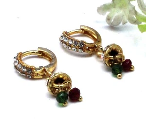 14K Yellow Gold Plated Red Garnet & Chrome & CZ Gemstone Jewelry Earrings-1.20" - Picture 1 of 2