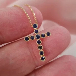 2 Ct Round Blue Sapphire Cross Pendant 14k Yellow Gold Plated Silver Chain 18" - Picture 1 of 7