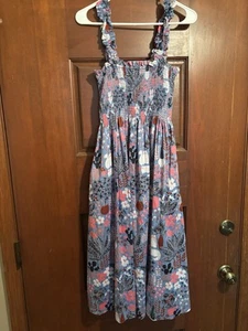 EUC SZ S Kate Spade Garden Posy Blue Smocked Midi Dress Cactus Cat Print Pockets - Picture 1 of 9