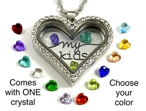 Mother's Gift Glass Locket Necklace Birthstone Jewelry My Kids Crystal Heart - Picture 1 of 10
