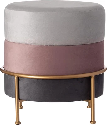 round Velvet Ottoman Stool 16” Tall Tricolor with Gold Metal Stand - Image 1 of 4