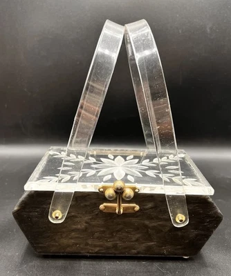 Cartera de Colección Lucite Gris Mármol Tapa Flor Transparente Pestillo de Bola Hexagonal Kahn Chic Foto 1 de 4