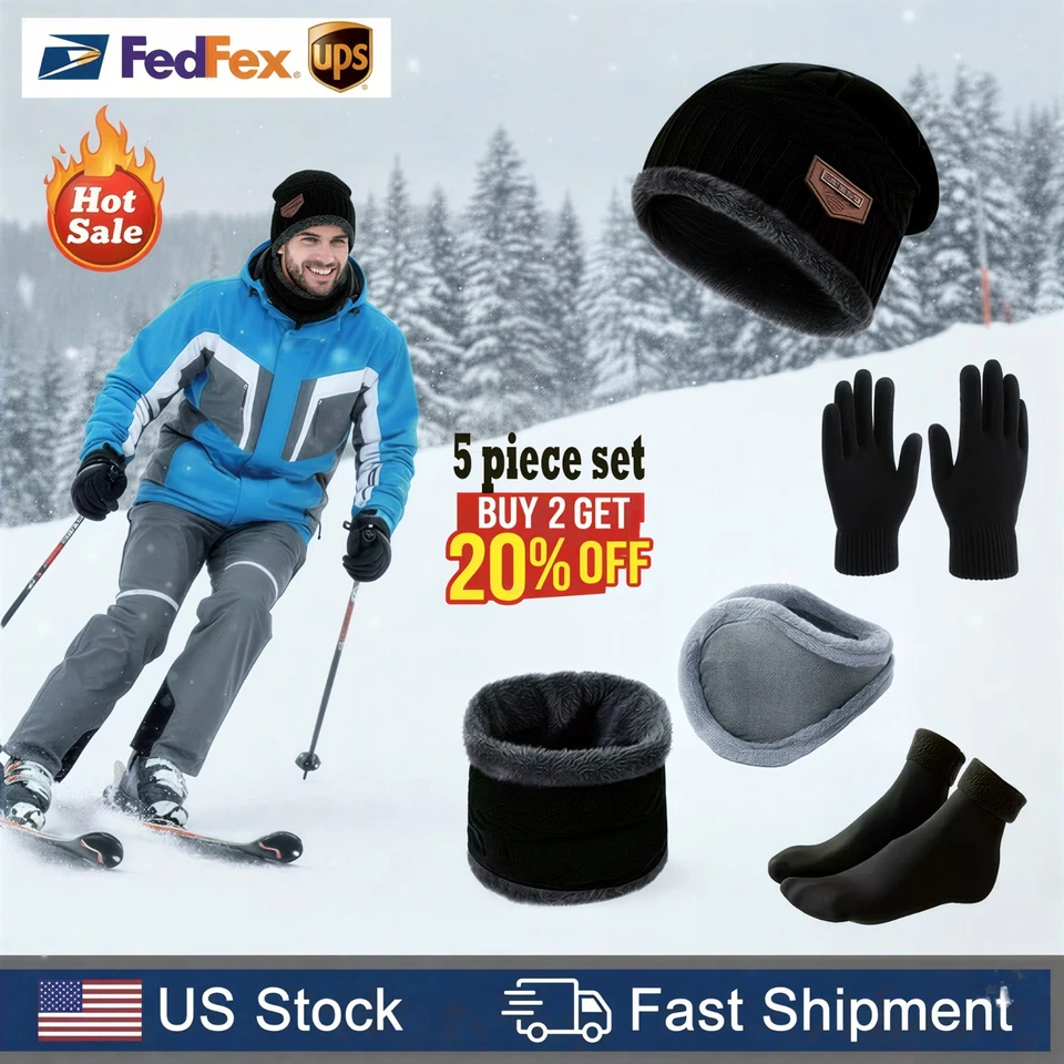 Unisex Gorro Térmico Polar Tejido Conjunto 5 Piezas Sombrero Guantes Cuello Capucha Oreja Cubiertas Calcetines Foto 1 de 4