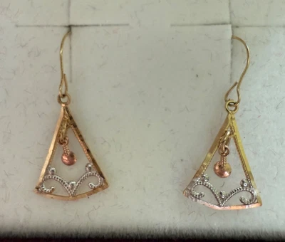 VTG Christmas 14k tri rose yellow white gold triangle hook French wire earrings - Image 1 of 4