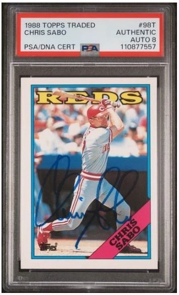 Tarjeta de béisbol 1988 Topps intercambiada por Chris Sabo firmada por novato certificada por PSADNA automática 8 Foto 1 de 4