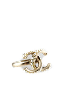 Chanel Womens 2013 Faux Peal CC Ring Gold Tone Size 5.5