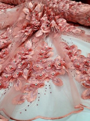 Royalty Bridal Luxury Wedding Coral 3d Floral Lace Fabric Sold By The Yard Beads - Image 1 of 4