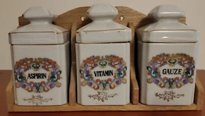 Vintage Unused Ceramic Apothecary Jars set of 3 W/shelf Vitamin Gauze Aspirin - Picture 1 of 10