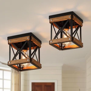 2 Pack Rustic Farmhouse Wood Flush Mount Ceiling Light Fixture Oak Wood and Meta - Picture 1 of 7