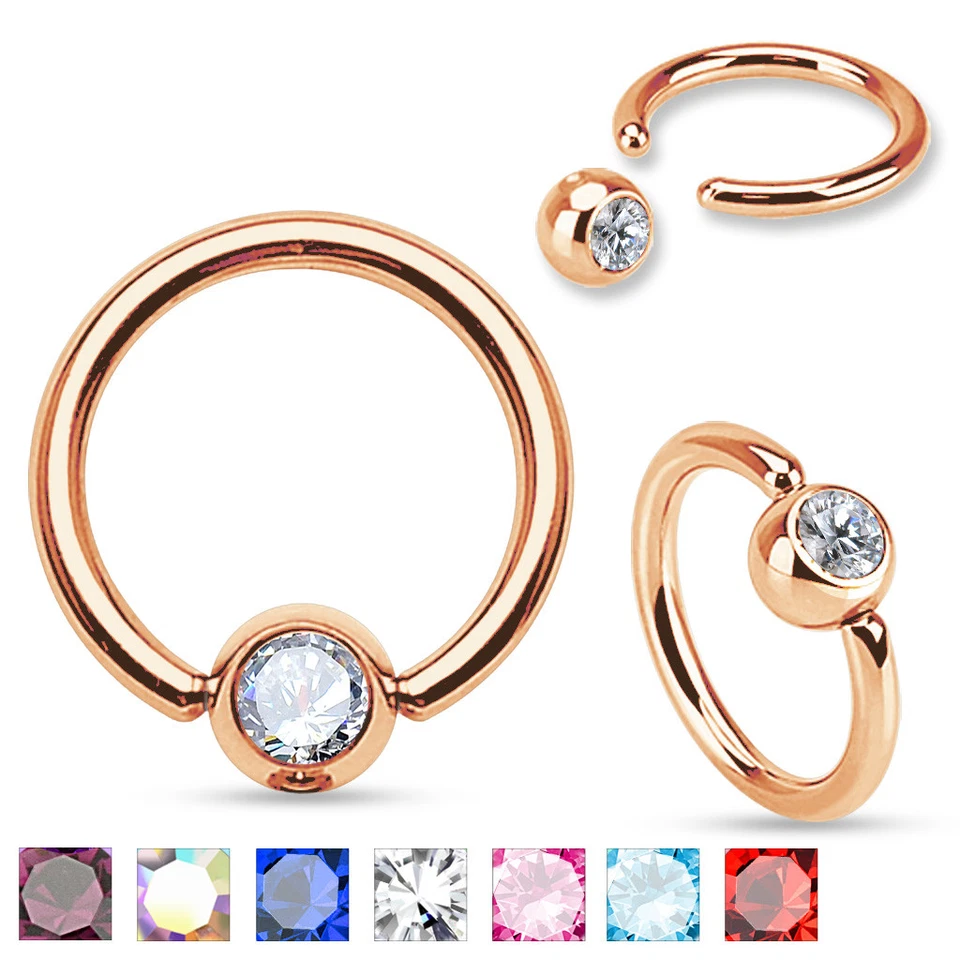 Pair of 16 or 14 Gauge Gem Set Ball Rose Gold Steel Captive Bead Ring C263 - Image 1 of 1