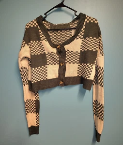 No Boundaries Checkered Girls Cardigan Tan/Green- Small (3-5) Cropped - Picture 1 of 4