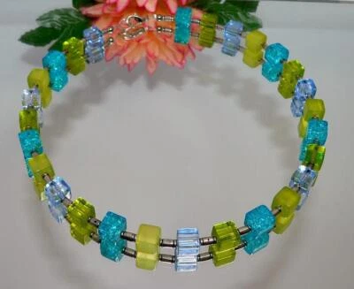 Halskette Würfelkette Perlen Würfel Glas lemon grün türkis 266t - Bild 1 von 4