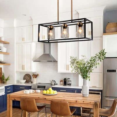 Lámpara colgante rectangular de vidrio de 3 luces para granja lámpara rústica Foto 1 de 4