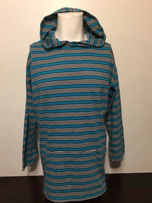 Vintage 1990s Striped Hooded Shirt Large 46 Hoodie Blue Rave Wear 3/4 Sleeves - Image 1 of 4