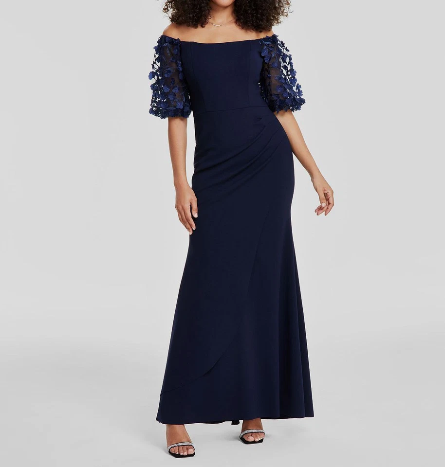 Xscape Women Blue Floral Appliqué Off-Shoulder Dress Petite Size 8P