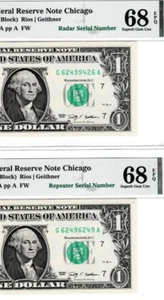 RADAR & REPEATER 62499426 & 62496249 PMG 68 $1 Federal Reserve TWO NOTES - Picture 1 of 3