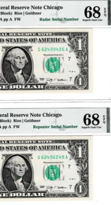 RADAR & REPEATER 62499426 & 62496249  PMG 68  $1   Federal Reserve TWO NOTES - Image 1 of 3