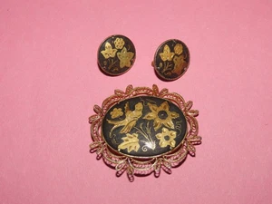 SONG OISEAU FLEURIE BROCHE BOUCLE D'OREILLES CLIP SET DAMAS ESPAGNE VINTAGE FILLAGREE - Photo 1/2
