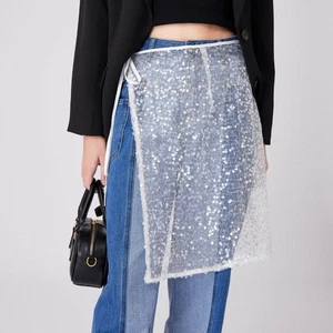 Women Sequin Hip Scarf Skirt Wide Waist Belt Sheer Tie Mesh Cover Up See-through - Picture 1 of 12