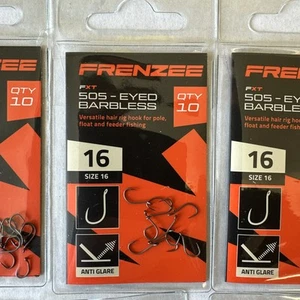 Fishing Joblot Frenzee FXT 505 Size 16 Eyed Barbless Hooks 10 Per Pack 100 Hooks - Picture 1 of 3