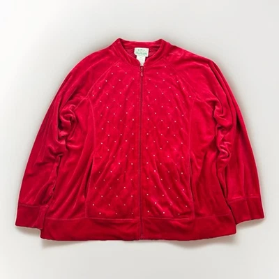 Quacker Factory Red Velour Rhinestone Zip Jacket Women’s 1X Y2K Holiday - Image 1 of 4