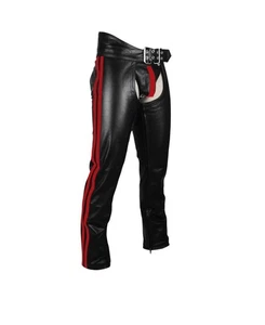 Men's Black Leather Chap With Red Stripes Genuine Cow Soft Leather Chap - Picture 1 of 2