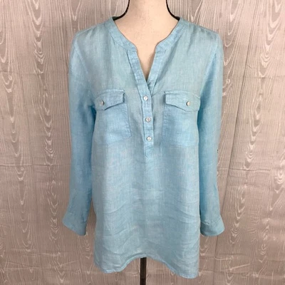 Talbots Aqua Blue 100% Linen Top Shirt Size L Button Up Long Sleeve Roll Tab - Image 1 of 4