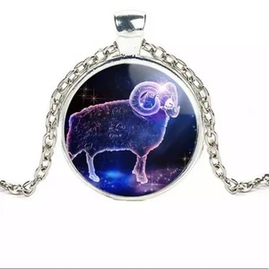 Aries Ram Silver Zodiac Glass Pendant Boho Astrology Sign Artsy Necklace -New - Picture 1 of 4