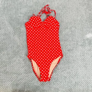 J.CREW BRIGHT RED PIN UP STYLE WHITE POLKA DOT ONE PIECE BUSTIER HALTER SWIMSUIT - Picture 1 of 6