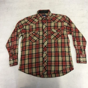 Camisa Wrangler Para Hombre Mediana Roja Beige Cuadros Perla Franela a Presión Occidental - Imagen 1 de 7