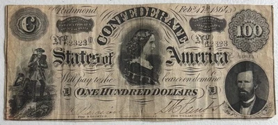 1864 Confederate $100 Bill Lucy Pickens Note – Richmond CSA T- 65 Civil War - Image 1 of 4