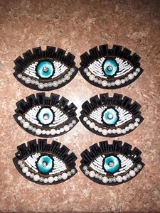 Beaded BLUE Eye Iron On Patches, 3 Pair, 6 Total - Picture 1 of 6