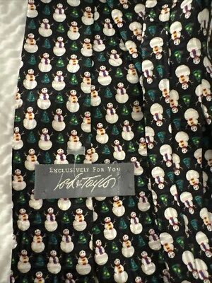 Corbata Lord & Taylor Muñeco de Nieve Árbol Navidad/Vacaciones - 100% Seda Hecha en EE. UU. Negra Foto 1 de 4